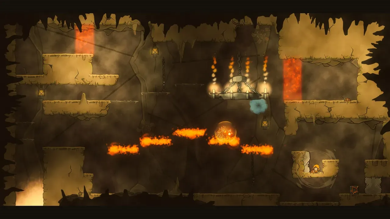 Silks of Mind screenshot showing a fiery chamber with moving flames, chains and crumbling platforms