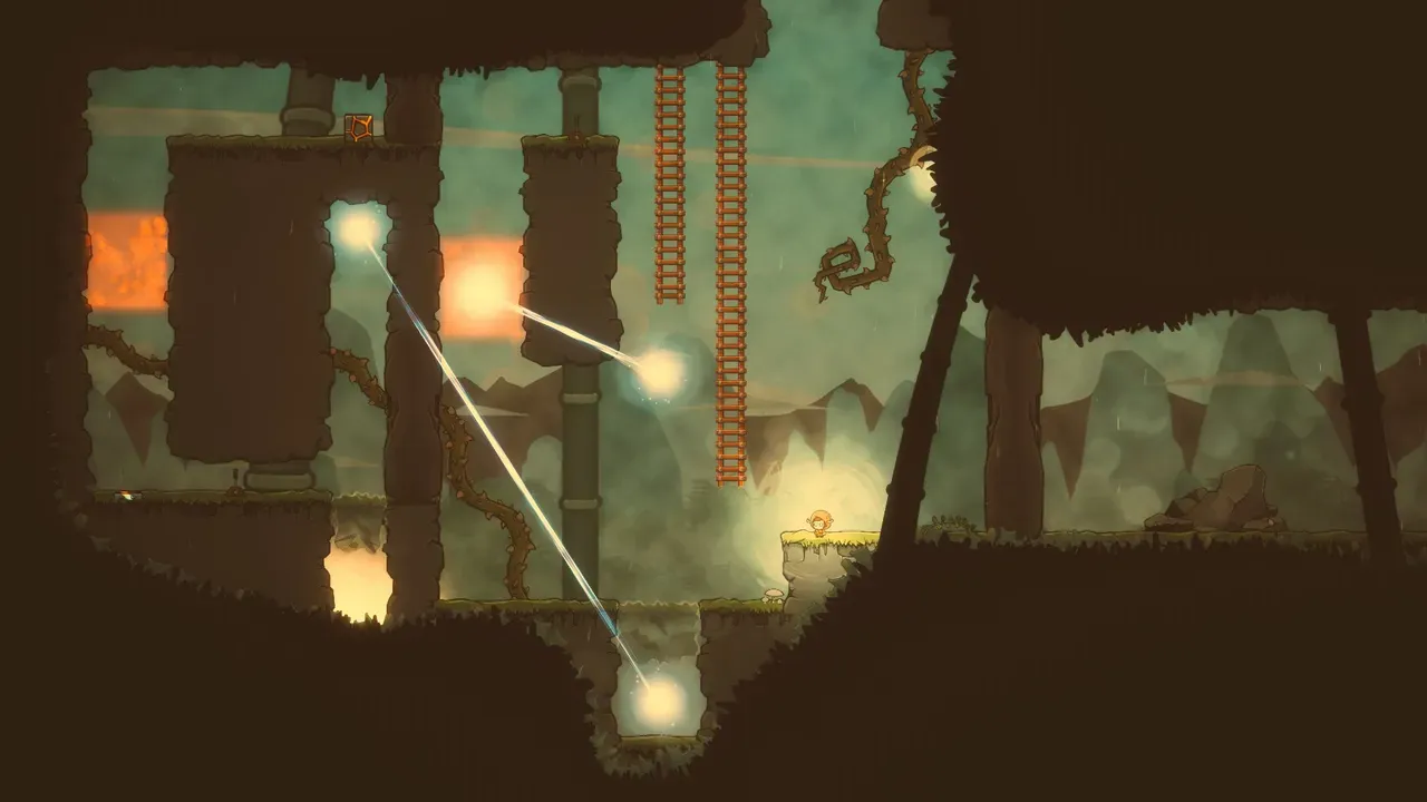 Silks of Mind screenshot showing beams of light bouncing between orbs while navigating vines and ladders