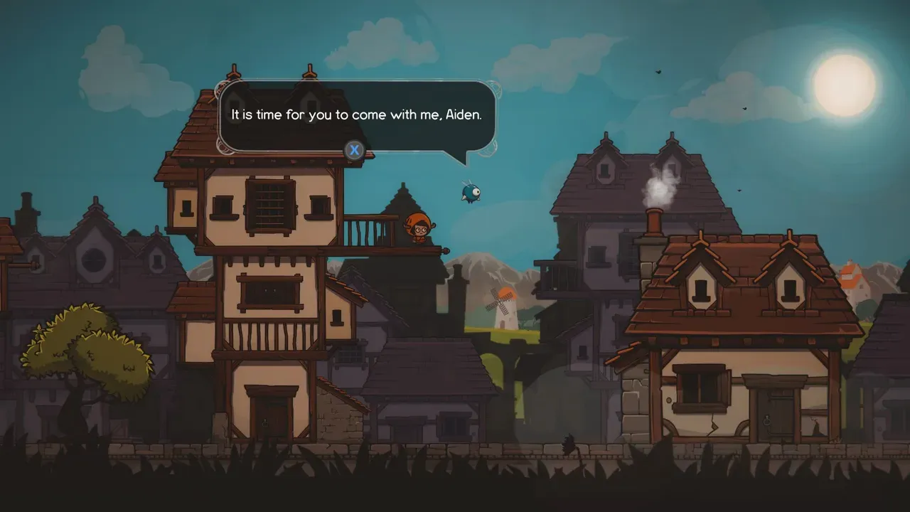 Silks of Mind screenshot showing a village scene with medieval houses, dialogue box and the hero accompanied by a small spirit