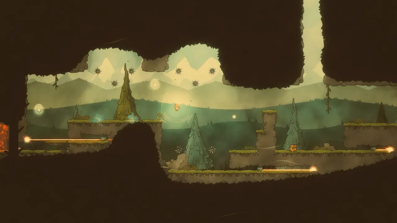 Silks of Mind screenshot showing outdoor forest platforming with trees, traps and glowing orbs of light
