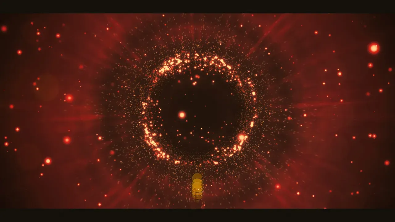 Silks of Mind screenshot showing a red portal explosion with glowing particles surrounding the hero