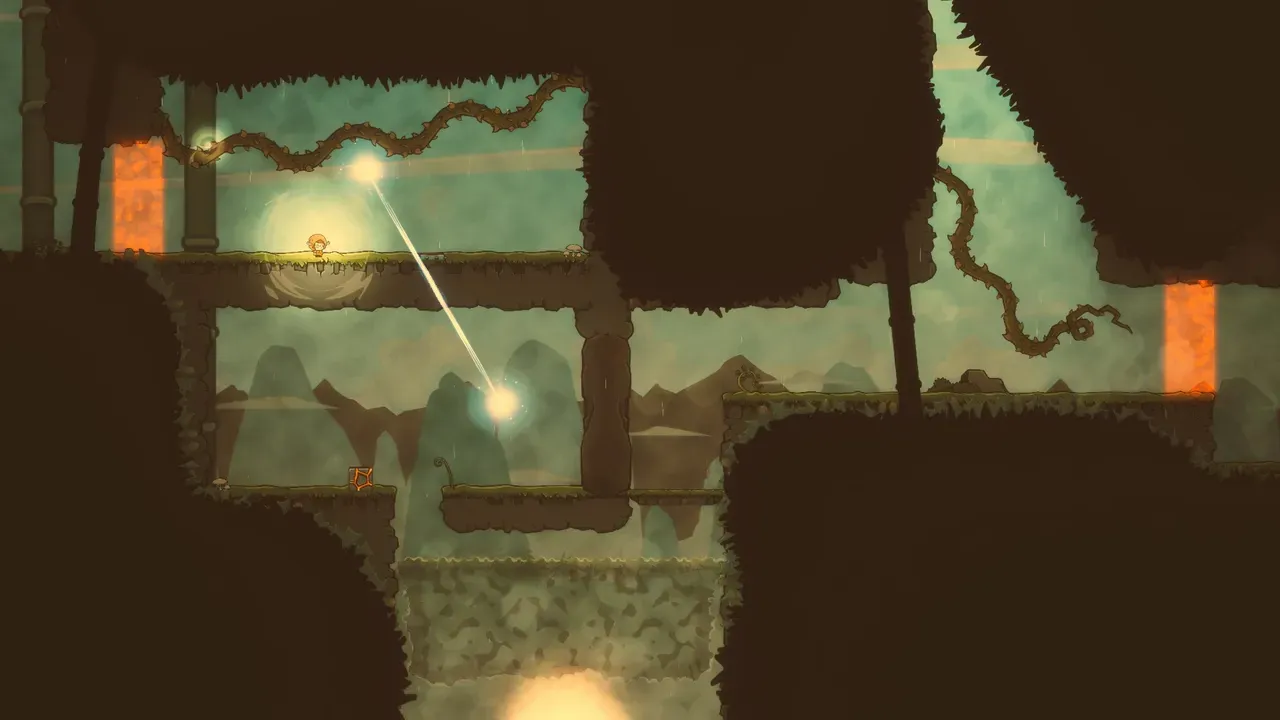 Silks of Mind screenshot showing puzzle solving with glowing orbs of light reflecting across cavern walls