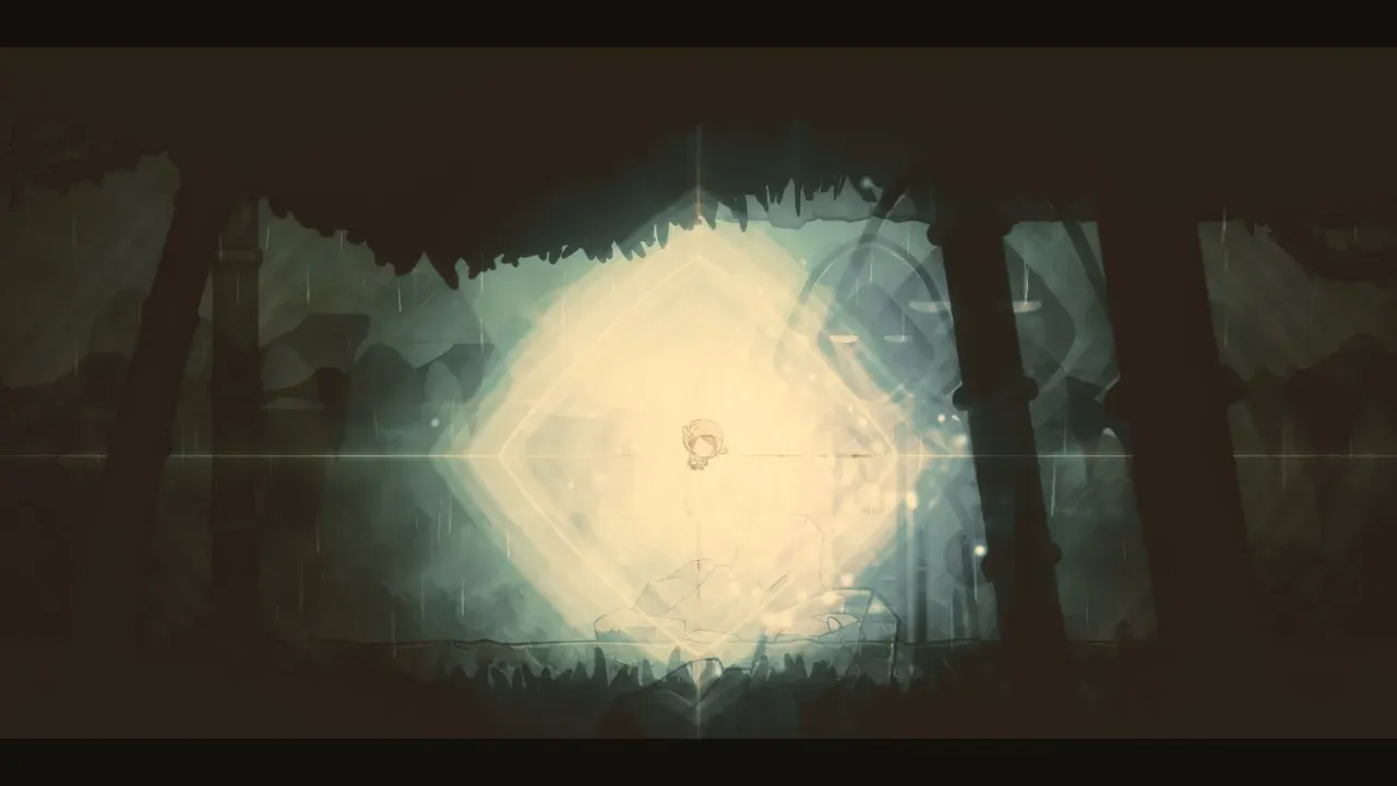 Silks of Mind screenshot showing the hero suspended inside a bright diamond-shaped portal in a dark cavern