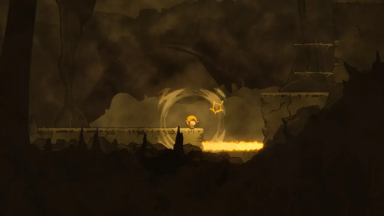 Silks of Mind screenshot showing the hero using telekinetic powers to cross over a pool of fire inside a cavern