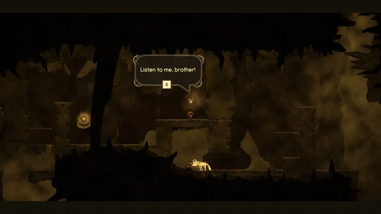 Silks of Mind screenshot showing dialogue with a glowing spirit wolf inside a dark cave saying 'Listen to me, brother!'