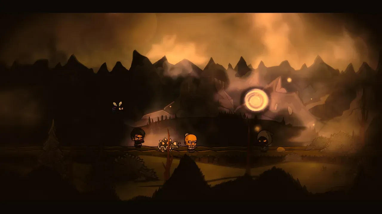 Silks of Mind screenshot showing a dramatic night scene with multiple characters, shadowy enemies and a glowing orb in the mountains