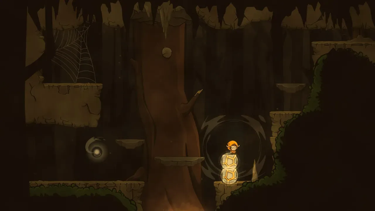 Silks of Mind screenshot showing puzzle platforming around a giant tree with webs and the hero carrying a telekinetic block