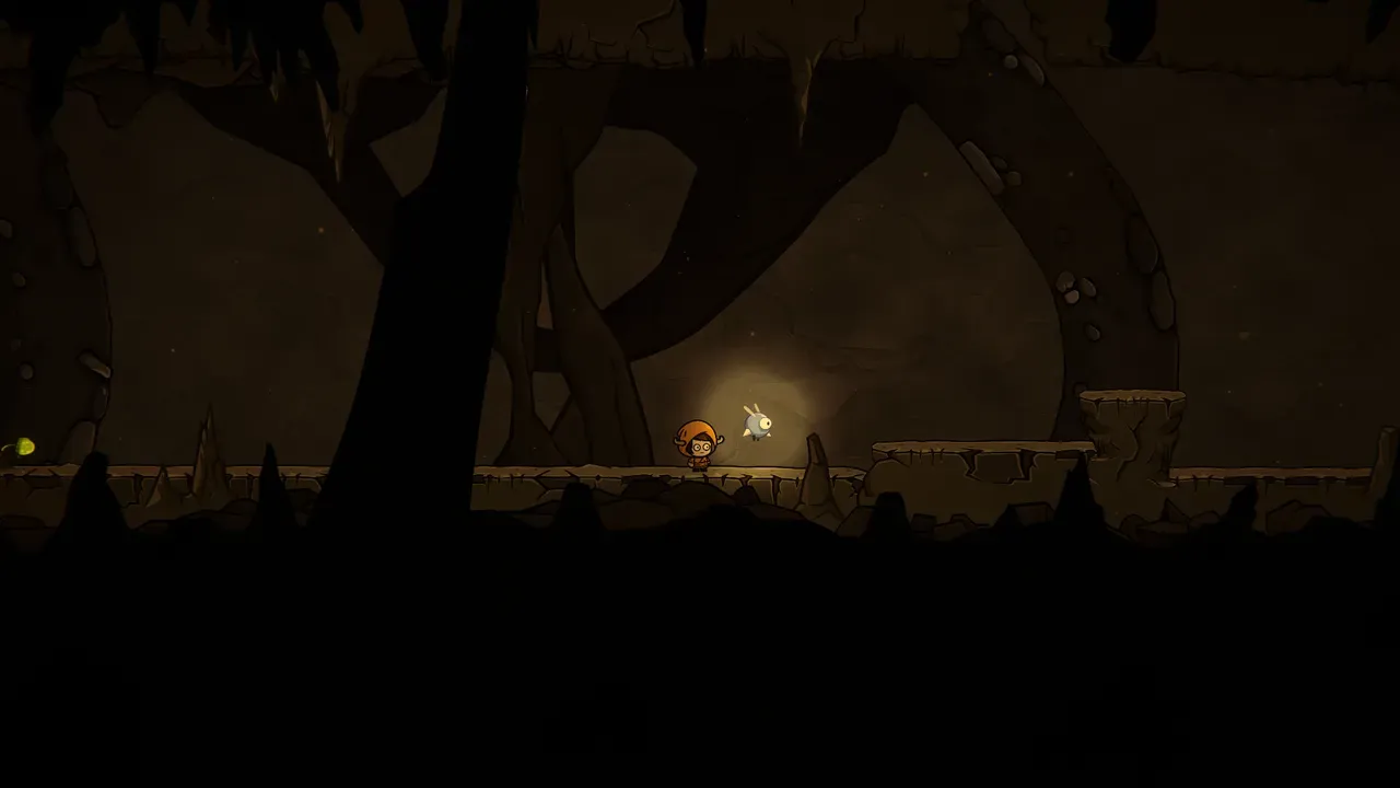 Silks of Mind screenshot showing the protagonist walking through a cave with his floating spirit companion