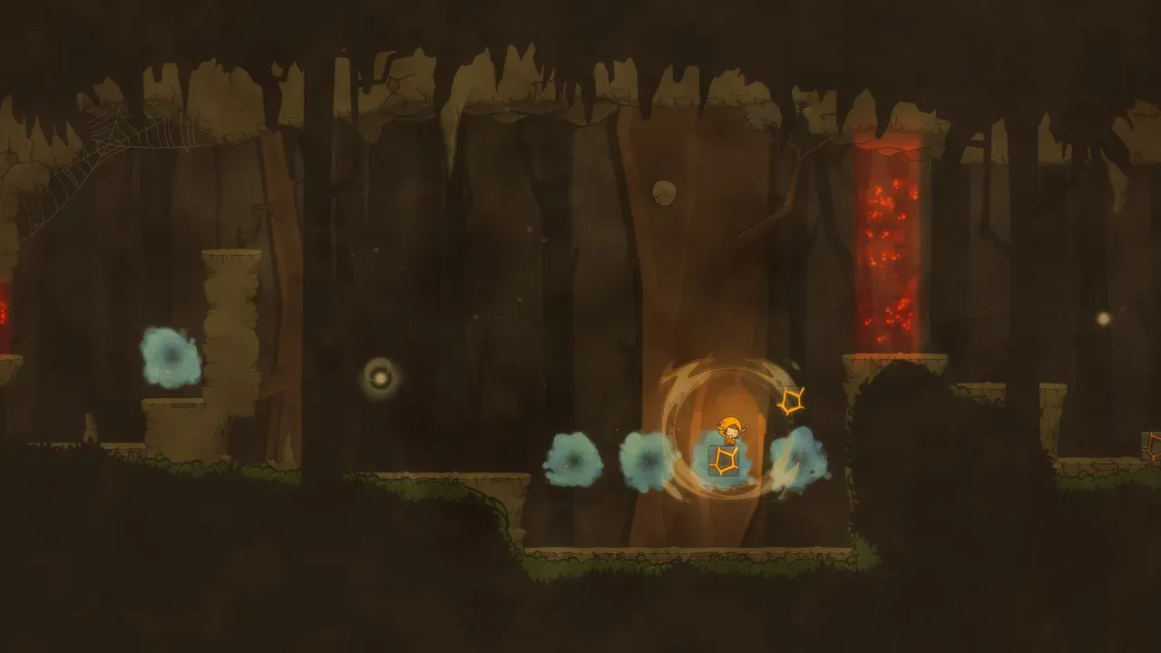 Silks of Mind screenshot showing the hero moving blocks while surrounded by blue energy bursts and lava in the background