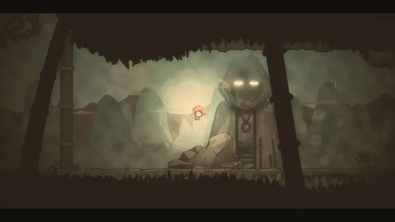 Silks of Mind screenshot showing an imposing hooded statue with glowing eyes watching over the hero in the Sacred Lands