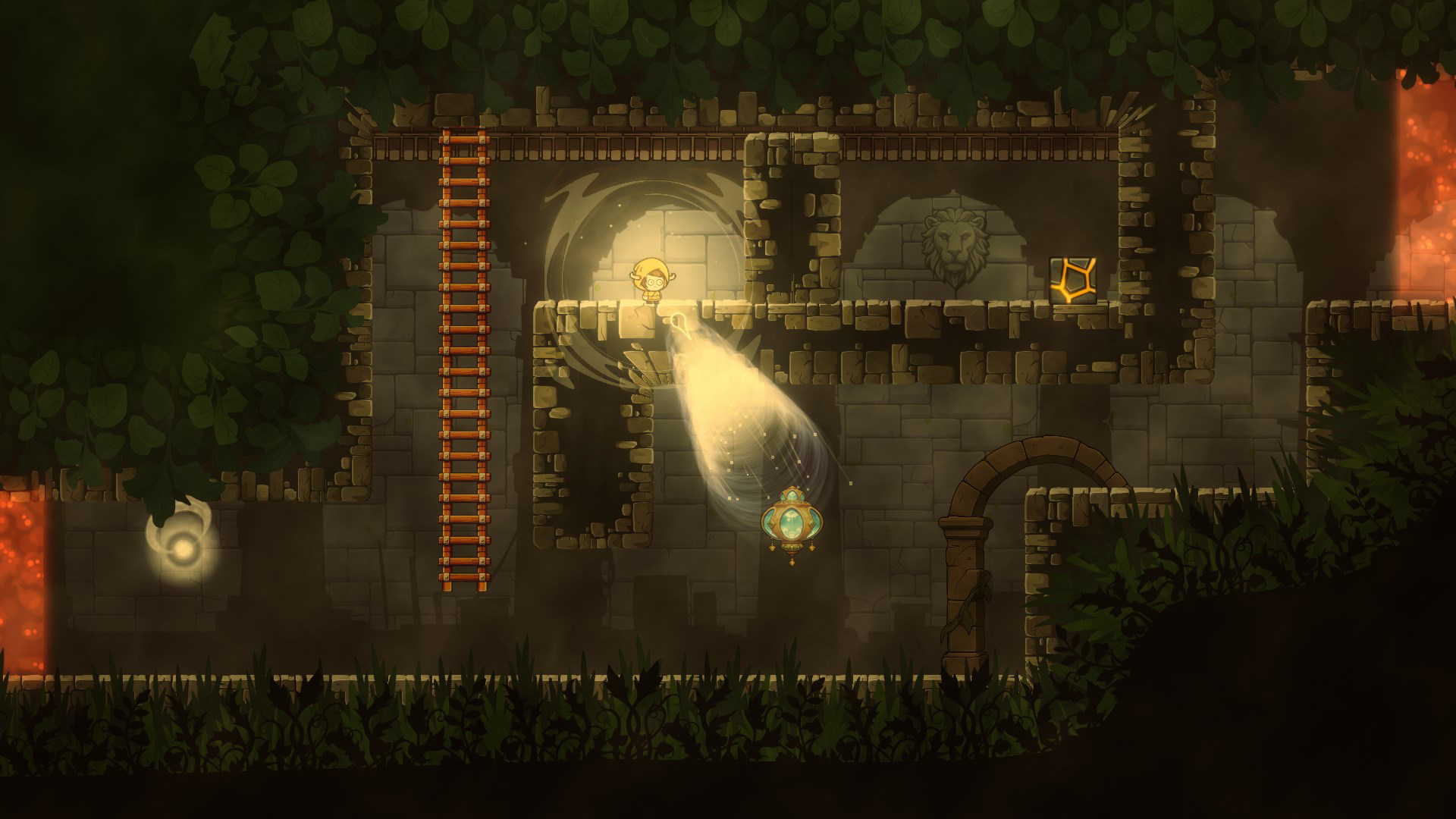 Silks of Mind screenshot showing the hero channeling a telekinetic beam through a floating lantern inside a leafy stone temple